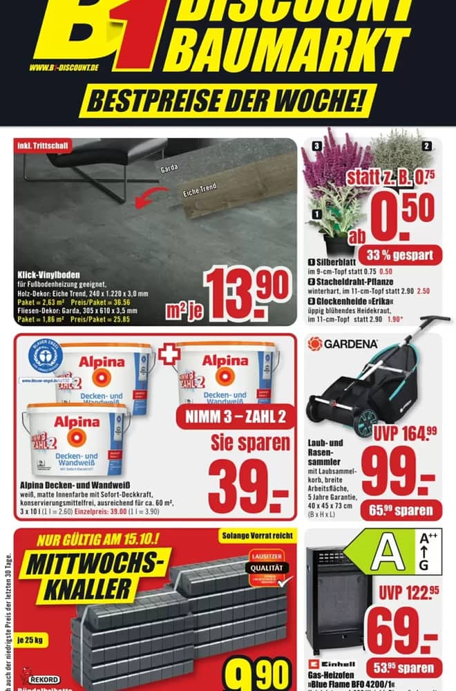 Titelseite des Prospekts von B1 Discount Baumarkt, gültig 11–17 Oktober 2026