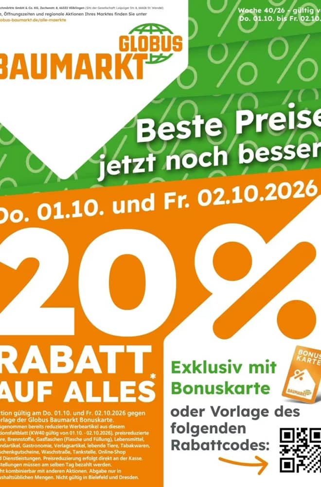Titelseite des Prospekts von Globus Baumarkt, gültig 1–2 Oktober 2026