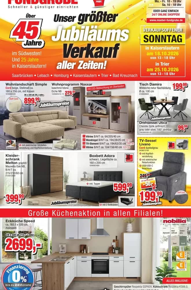 Titelseite des Prospekts von Möbelfundgrube, gültig 15–28 Oktober 2026