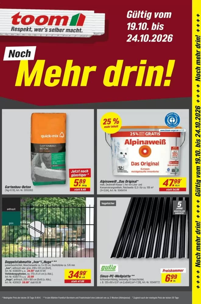 Titelseite des Prospekts von Toom Baumarkt, gültig 19–24 Oktober 2026