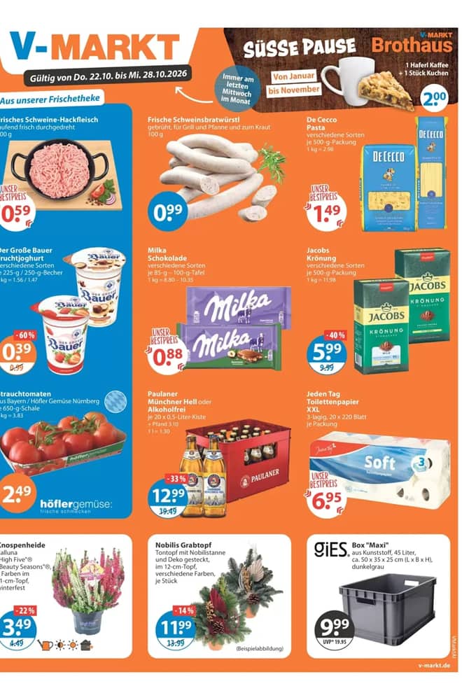 Titelseite des Prospekts von V-Markt, gültig 22–28 Oktober 2026