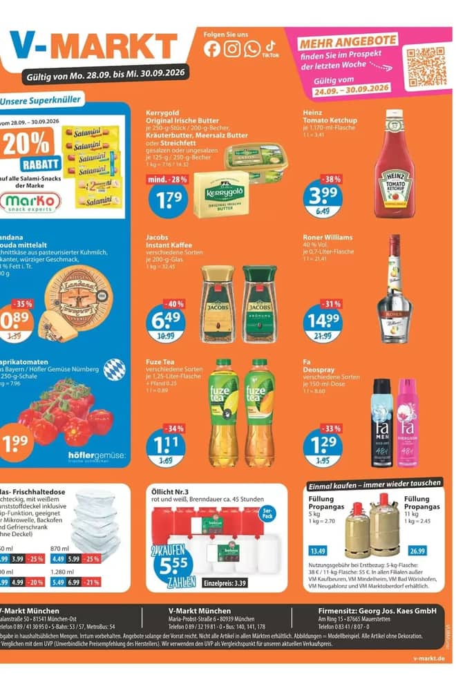Titelseite des Prospekts von V-Markt, gültig 28–30 September 2026